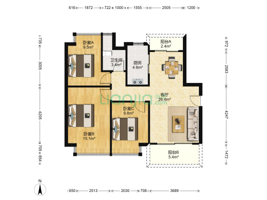 恒大金碧天下 3室1厅1卫 97平方