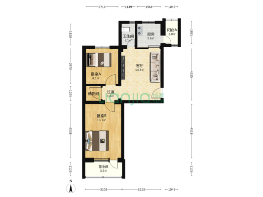 月季园1号院 2室1厅1卫 65平方
