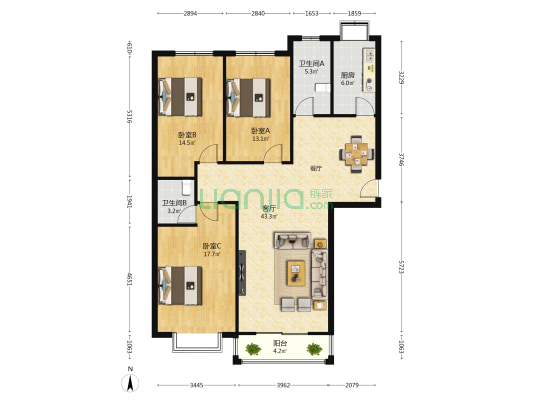 天下城 3室1厅2卫 139平方