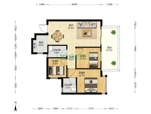 人和公园溪府 3室1厅2卫 88平方