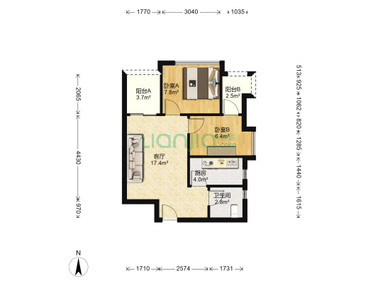汉北水晶城 2室1厅1卫 62平方
