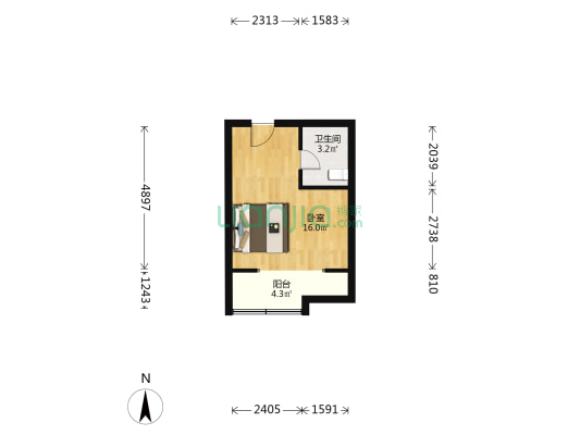 苹果公寓 1室0厅1卫 39平方