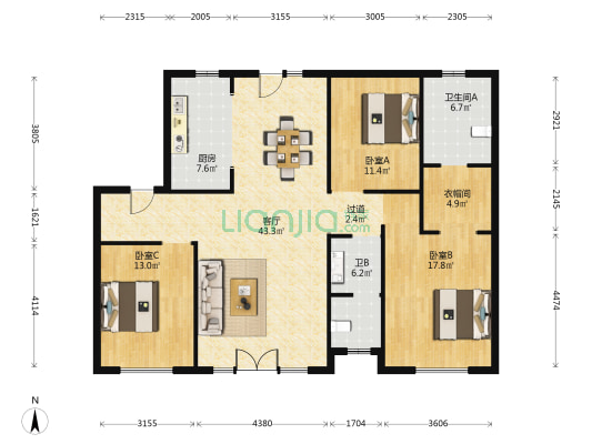 奕聪公馆 3室1厅2卫 151平方