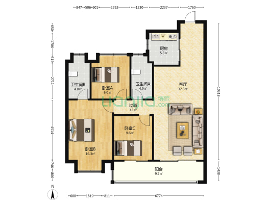 建发珺和府西区 3室1厅2卫 118平方