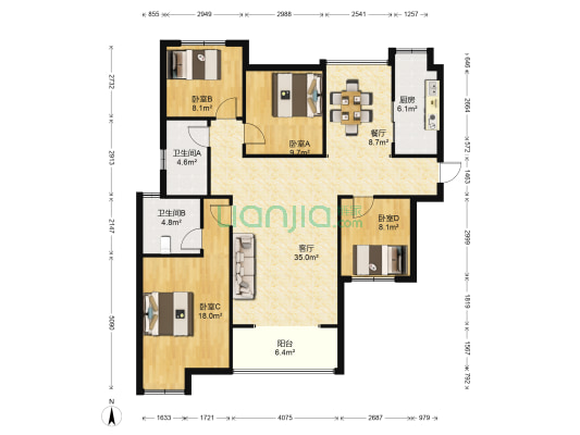 万达华府 4室2厅2卫 125平方