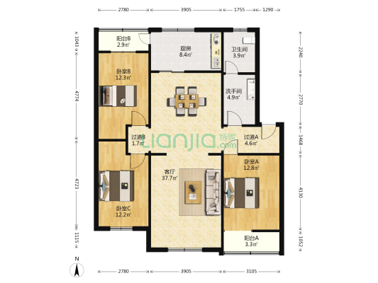 军安里建科楼 3室1厅2卫 132平方