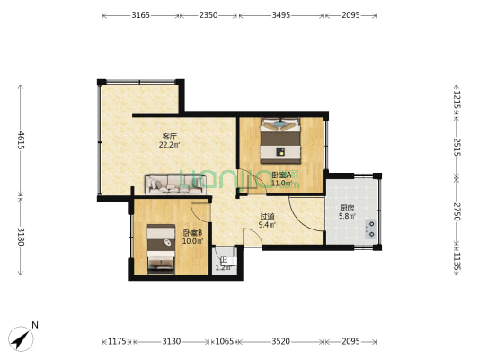 东新路38号 2室1厅1卫 65平方