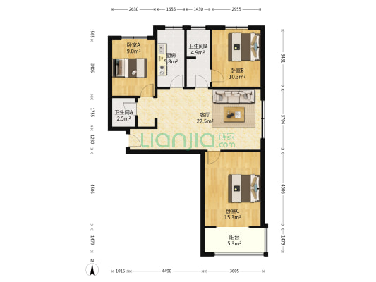 南北三居   采光和视野都没有问题  业主诚意出售-户型图