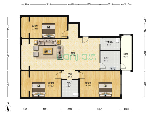 中山大道北三段78号 3室1厅2卫 140平方