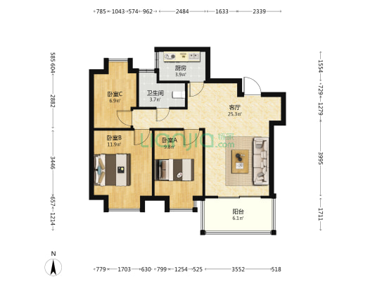 龙泽苑 3室1厅1卫 87平方