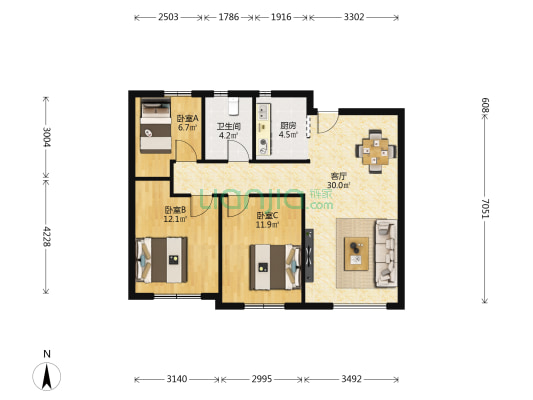 天下粮仓璞樾里 3室1厅1卫 102平方