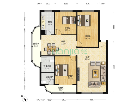 110法院宿舍 3室2厅2卫 125平方