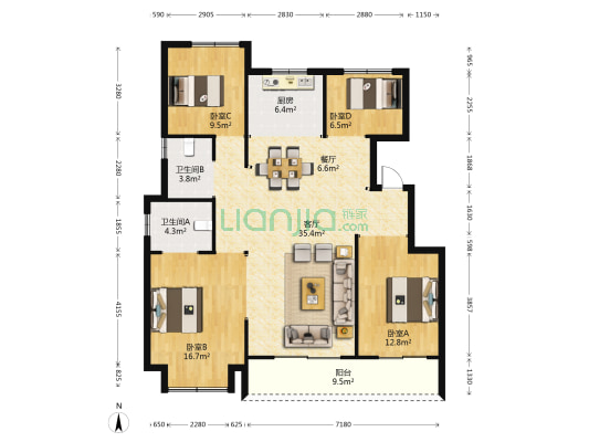 江山风华风雅苑 4室2厅2卫 129平方