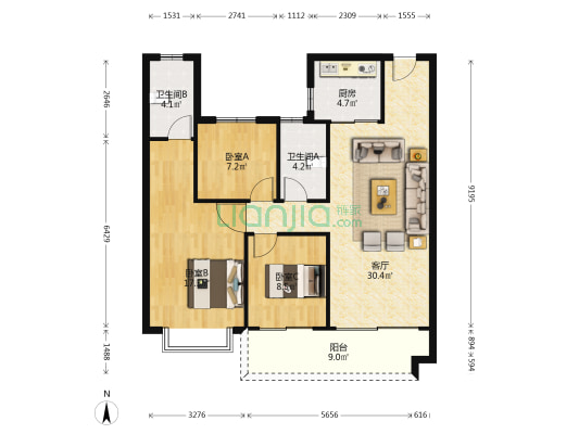碧桂园北海阳光 3室1厅2卫 108平方