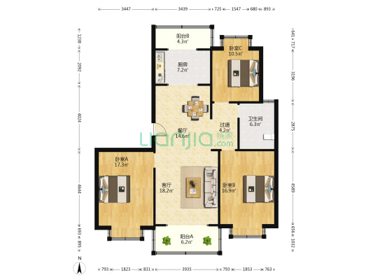 华灿公寓 3室2厅1卫 127平方