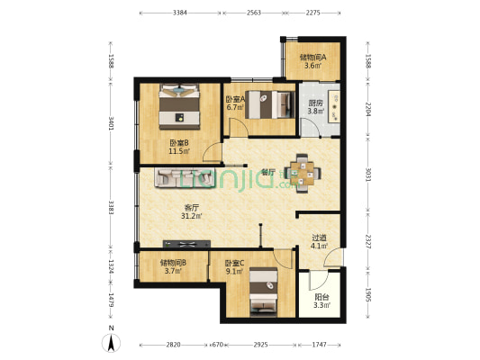 宁兴大厦 3室1厅0卫 87平方