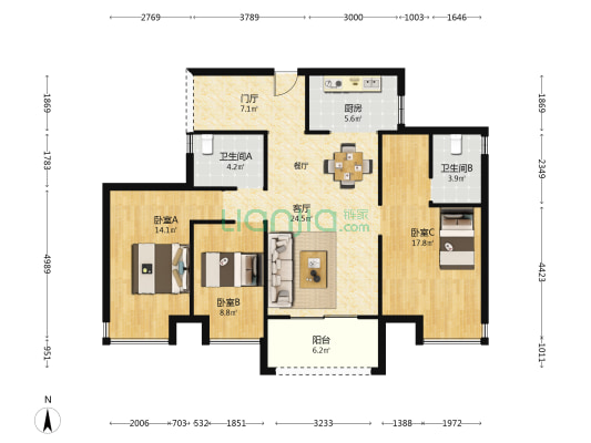 江南红合盈家园 3室1厅2卫 89平方