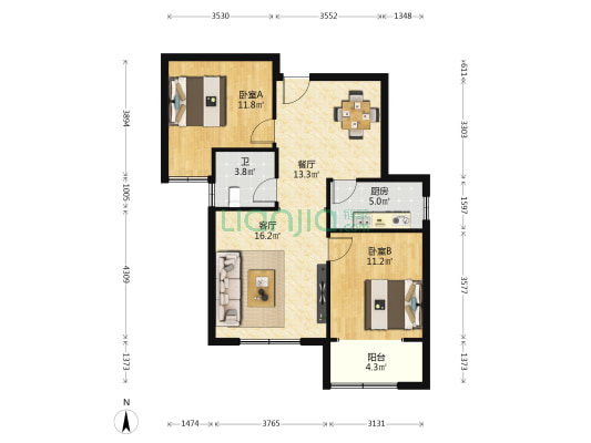 万德华府 2室2厅1卫 93平方