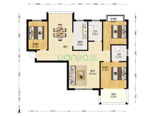 新城明珠 3室1厅2卫 121平方