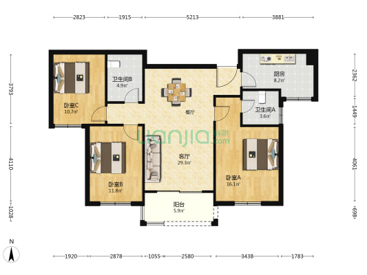 金群家园西区 3室1厅2卫 127平方