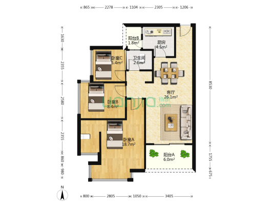 国鹏润德学府 3室1厅1卫 86平方