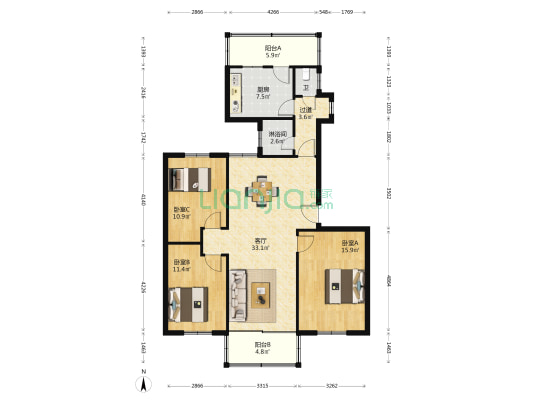 迎宾南路66号 3室1厅2卫 118平方