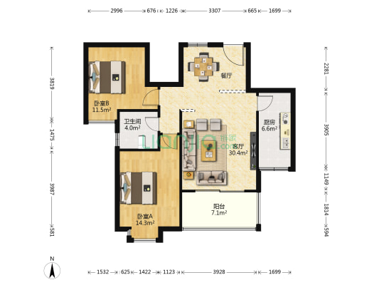 龙兴苑 2室1厅1卫 90平方