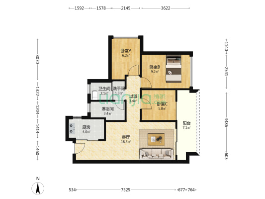 北宸之光家园 3室1厅3卫 81平方