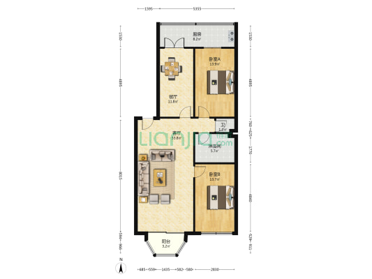 新华一区军招综合楼 2室2厅2卫 114平方