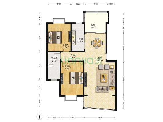 美罗江畔 2室1厅1卫 105平方