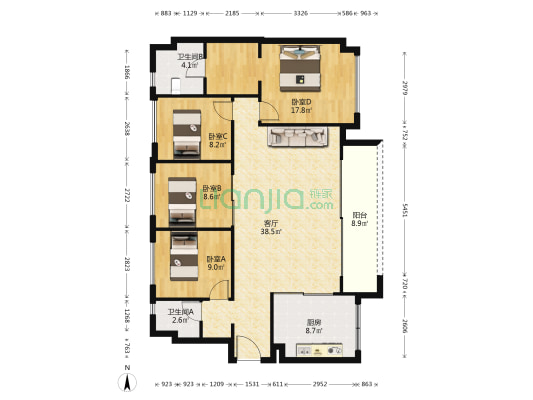 万科公园都会南区 4室1厅2卫 136平方