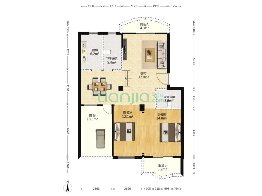 坤泰名居 2室1厅2卫 106平方