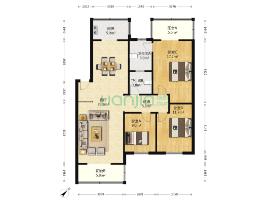 五一路45号院 3室1厅2卫 119平方