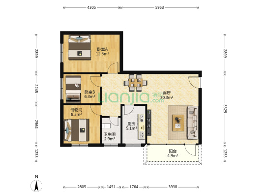 火电厂宿舍 2室1厅1卫 82平方