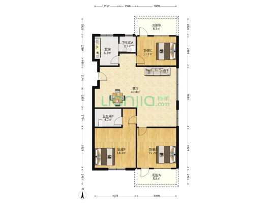 福华阁 3室1厅2卫 125平方