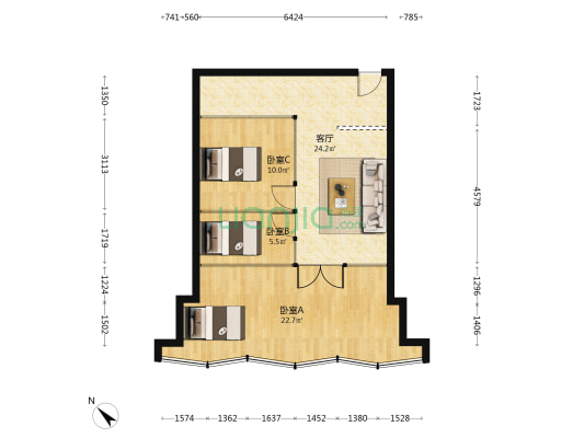 绿地楚峰大厦 3室1厅0卫 97平方