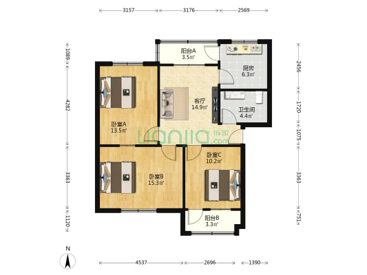 卫生局小区 3室1厅1卫 87平方