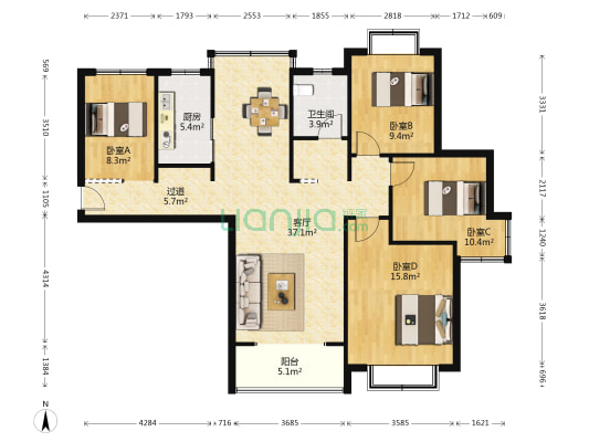 新华阳光国际 4室1厅1卫 118平方