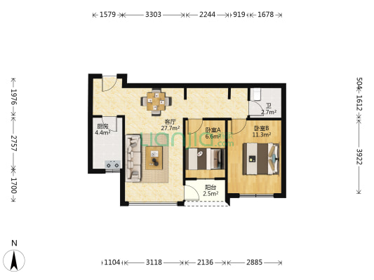万科金色里程 2室1厅1卫 70平方