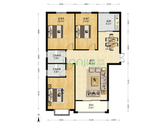 滨河花园 3室2厅2卫 141平方