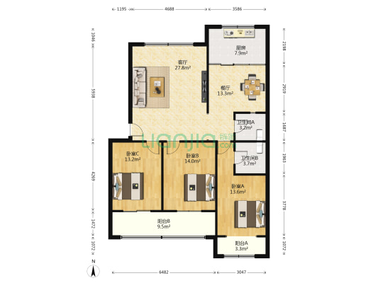 物价局小区 3室2厅2卫 131平方
