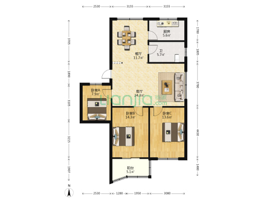 宏楼花苑 3室2厅1卫 108平方
