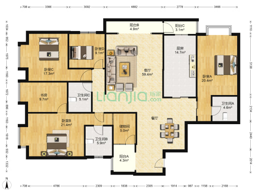 彩云间花园 5室1厅3卫 226平方
