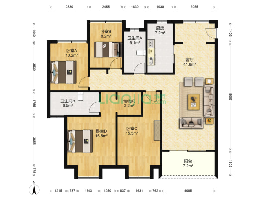 龙辰紫园 4室1厅2卫 141平方