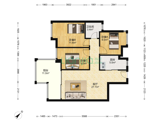 时代糖果一期 3室1厅1卫 94平方