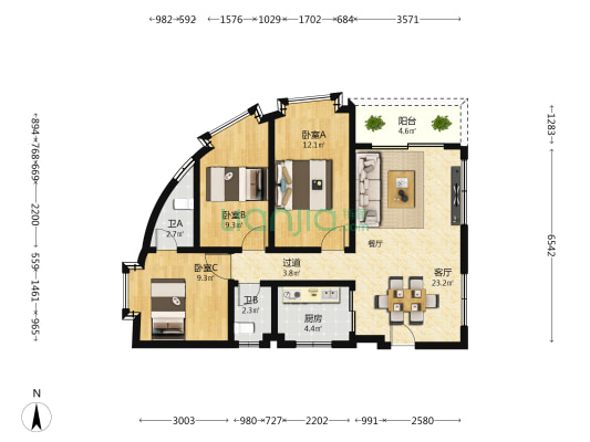 嘉惠路六巷 3室1厅2卫 91平方
