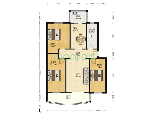 鹤祥园小区 3室2厅1卫 117平方