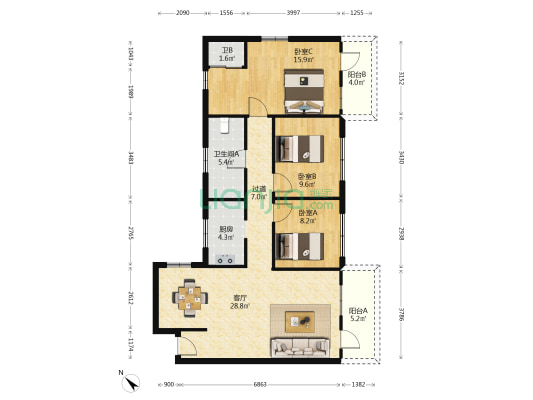 瑶安路 3室1厅2卫 106平方