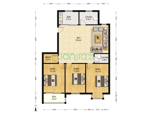 石子街小区 3室1厅2卫 143平方