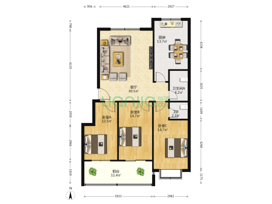 清华园 3室1厅2卫 126平方